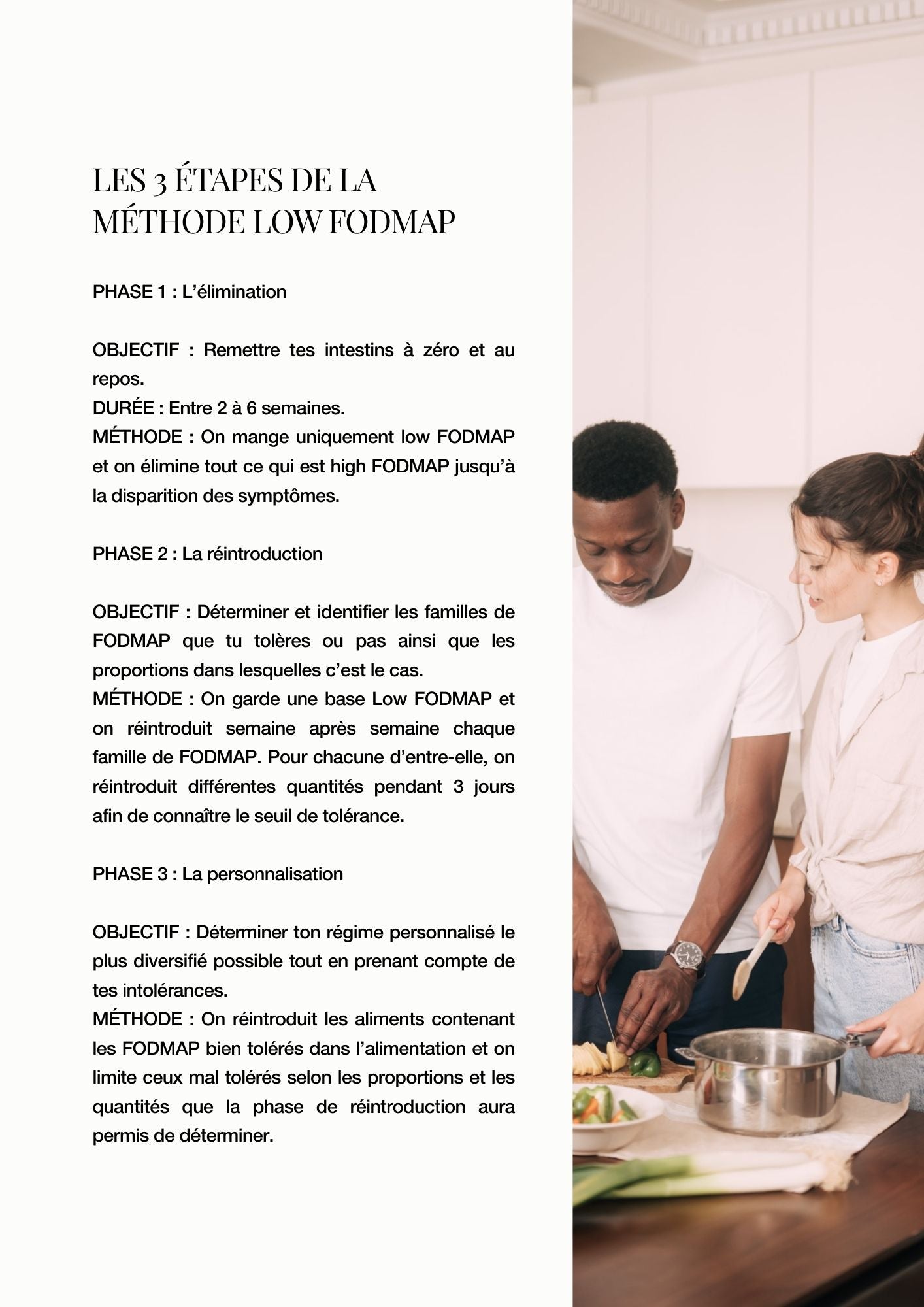 Femme et homme préparant des recettes low fodmap dans une cuisine moderne, illustrant le processus de réintroduction.