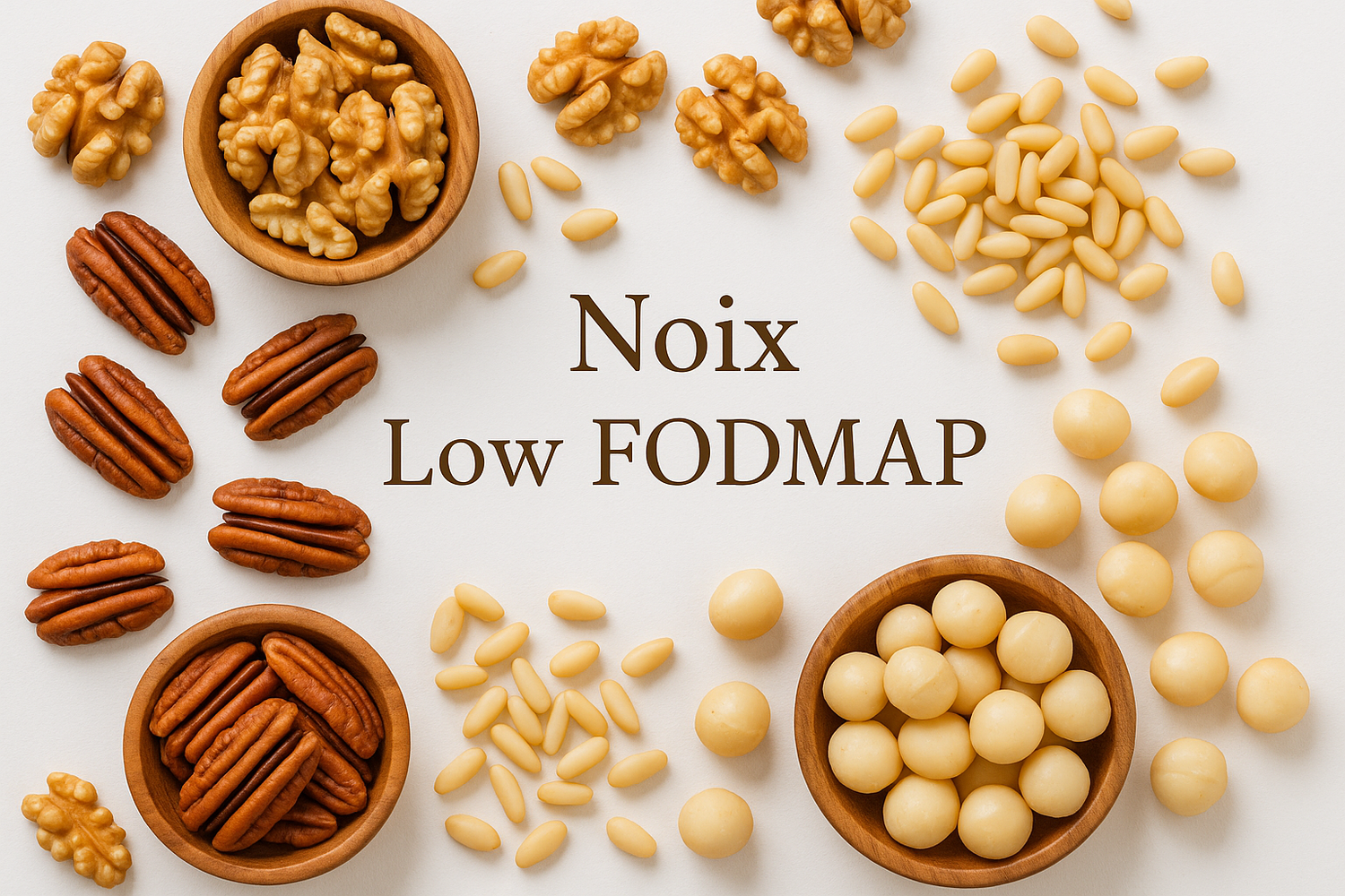 Variété de noix Low FODMAP disposées dans des bols en bois pour une meilleure digestion