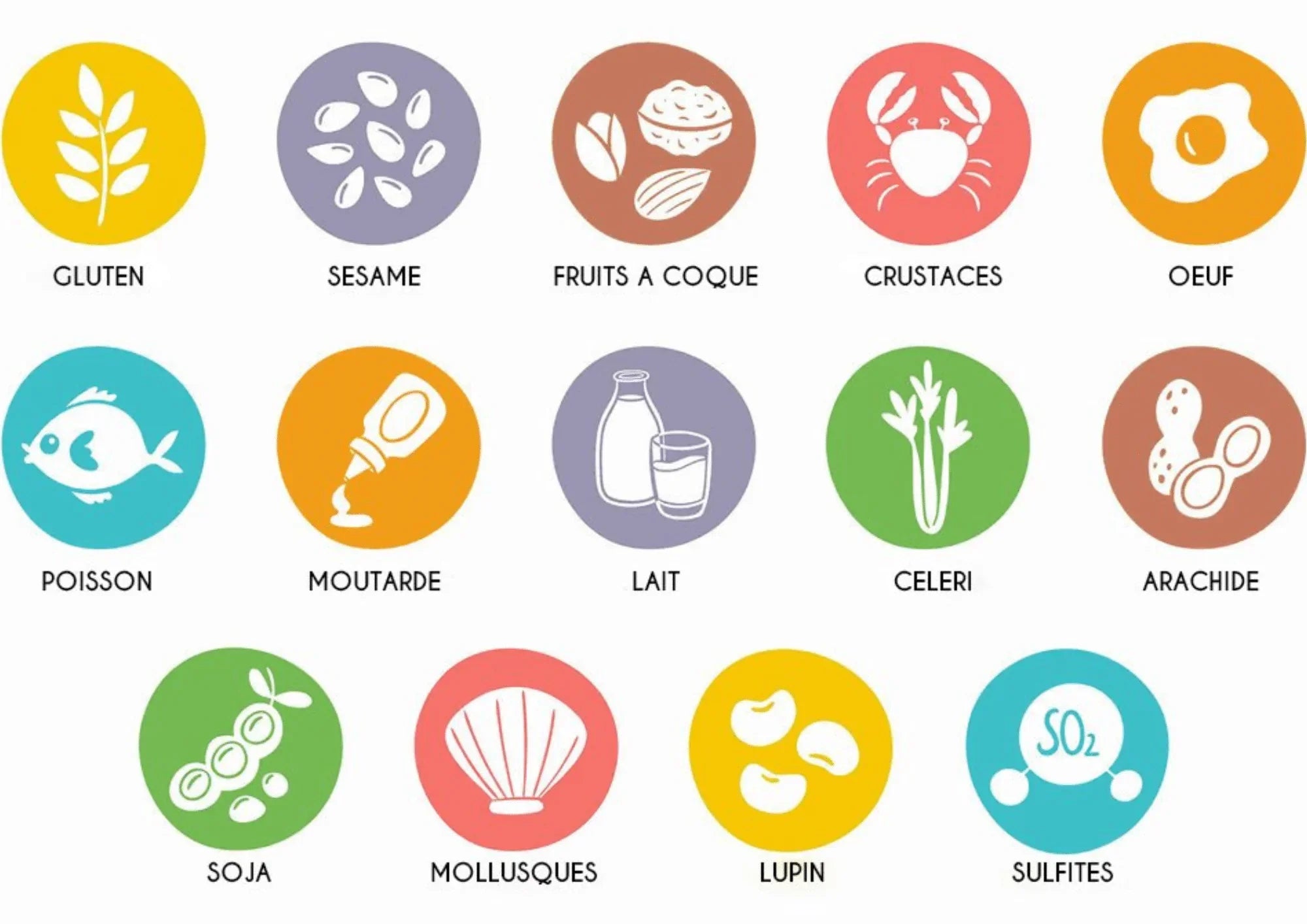 Icônes représentant les 14 allergènes majeurs tels que le gluten, les crustacés et les œufs