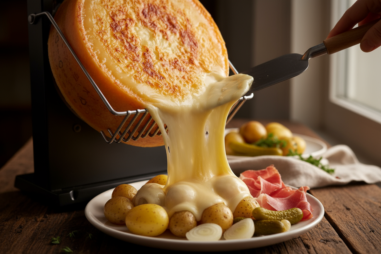 Fondu savoureux contenant du fromage riche en histamine, servi avec pommes de terre et charcuterie