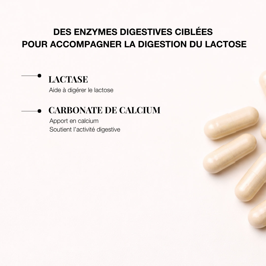 Complément digestion lactose avec enzymes digestives ciblées, lactase et carbonate de calcium