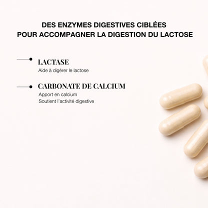 Complément digestion lactose avec enzymes digestives ciblées, lactase et carbonate de calcium