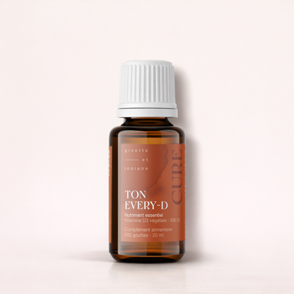Flacon de vitamine D3 végétale Ton Every-D de 500 UI pour une supplémentation efficace