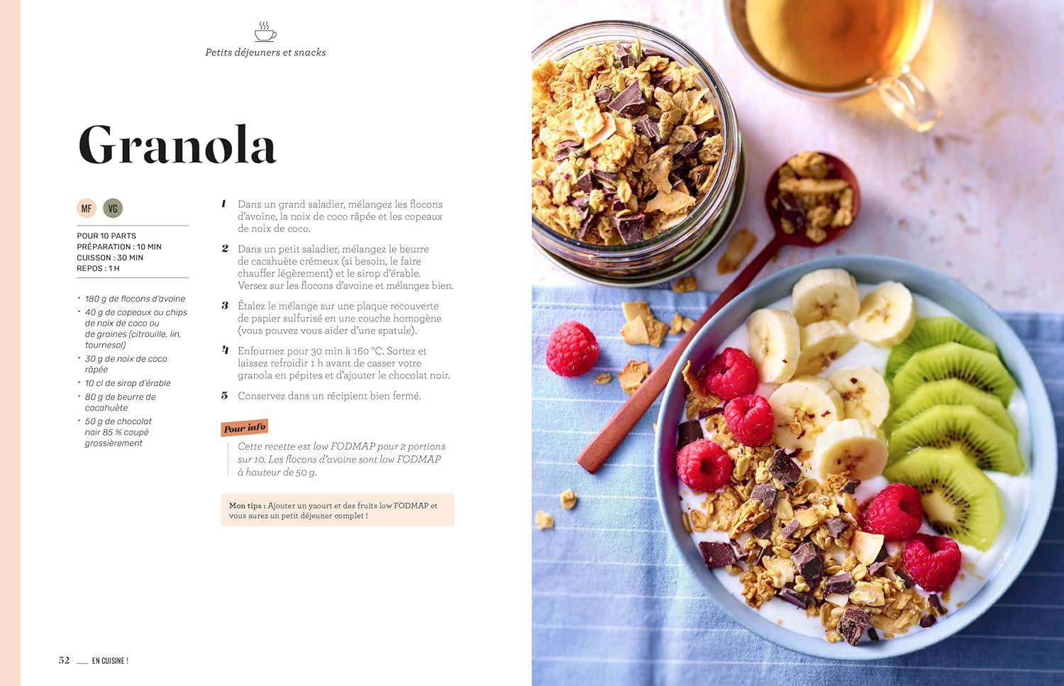 Granola maison avec fruits frais, présenté dans un bol suivi de la recette extraite du livre 90 recettes pour intestin irritable
