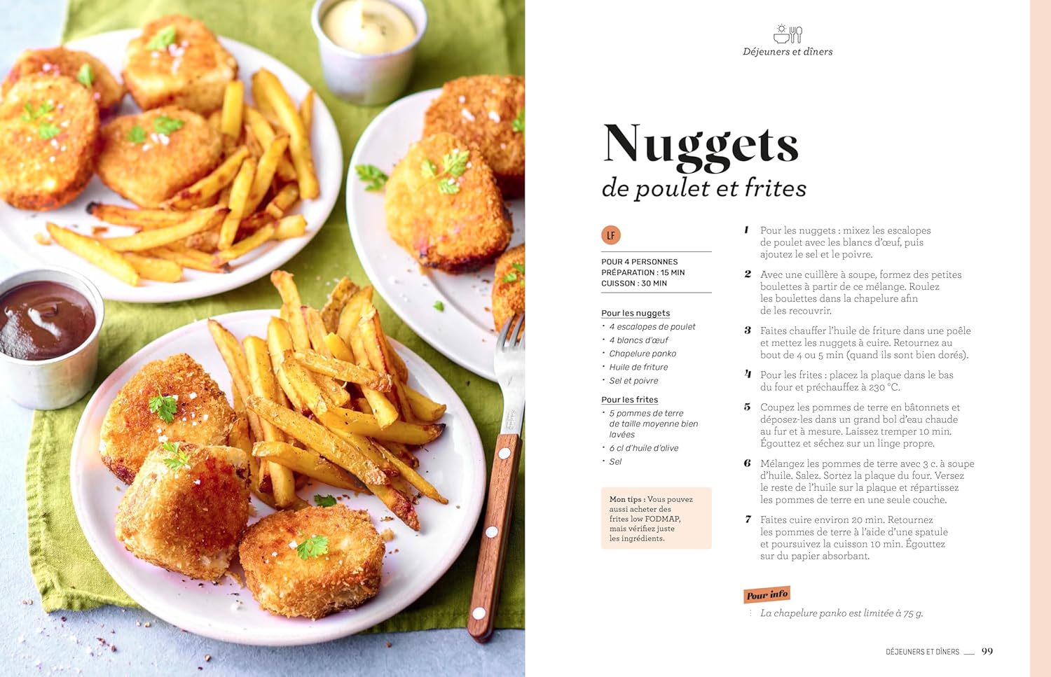 Nuggets de poulet croustillants avec frites, inspirés des 90 recettes pour intestin irritable