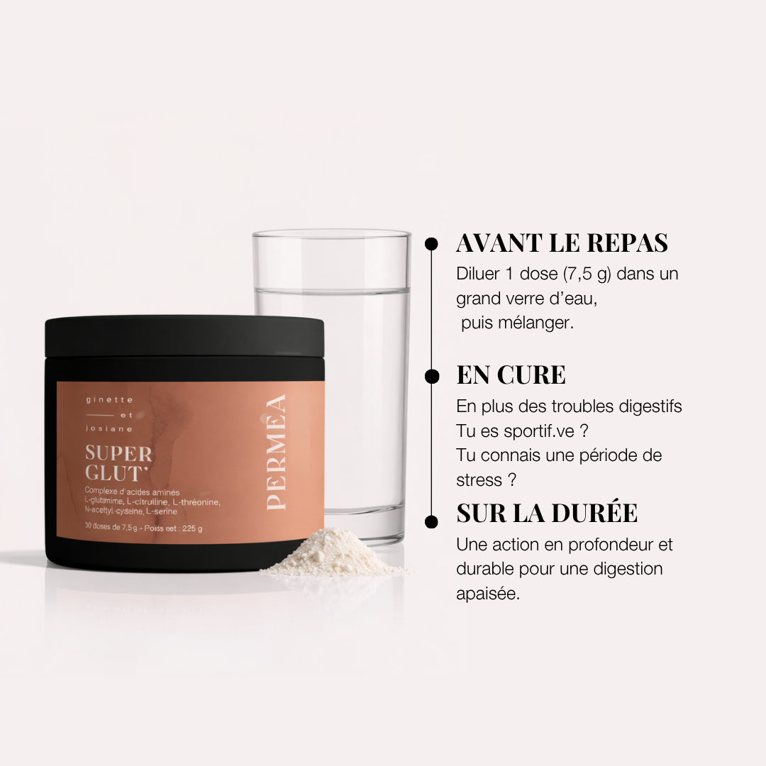 Poudre L-Glutamine Super Glut de Ginette et Josiane avec un verre d&