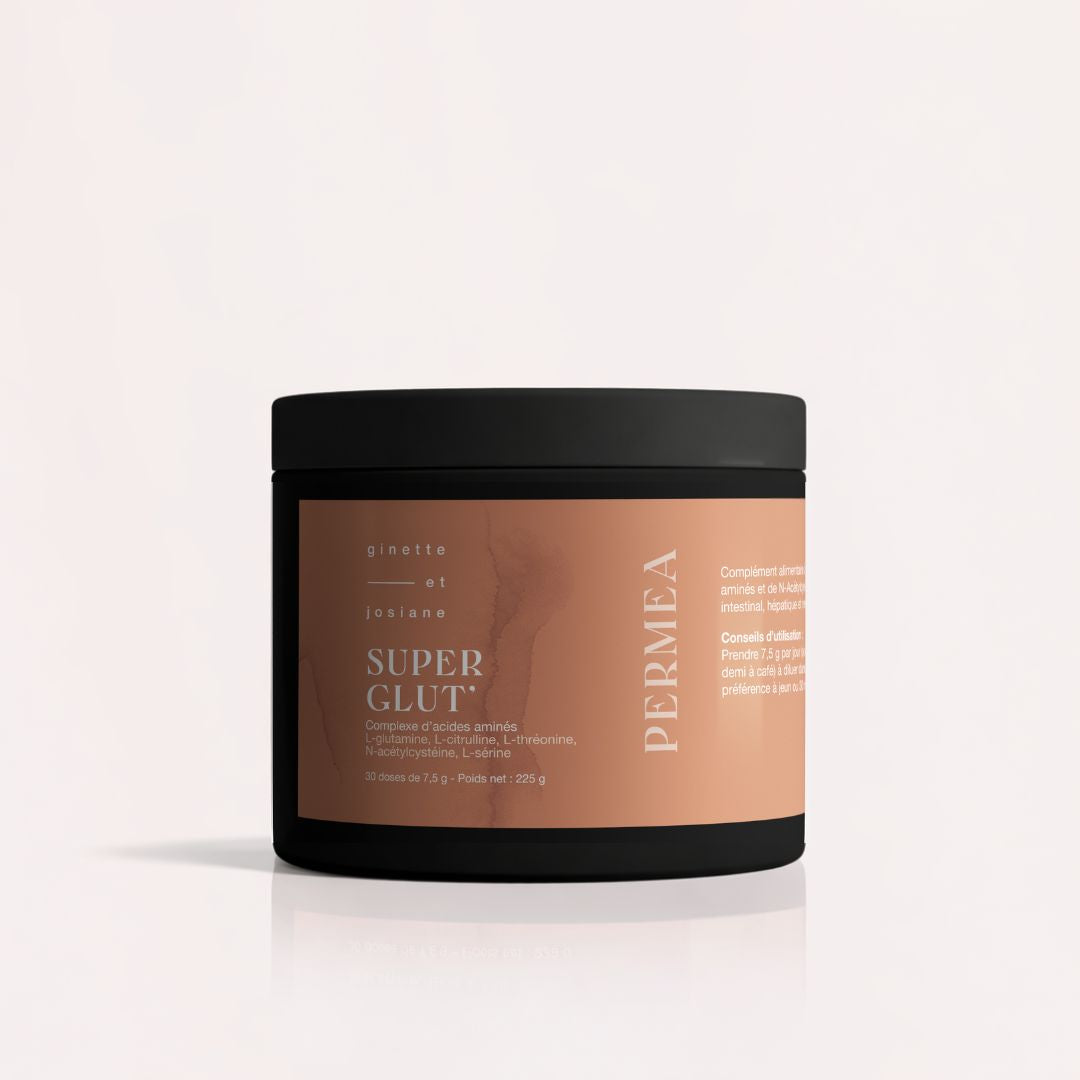 Poudre de L-Glutamine Super Glut de Ginette et Josiane dans un pot de 250 g