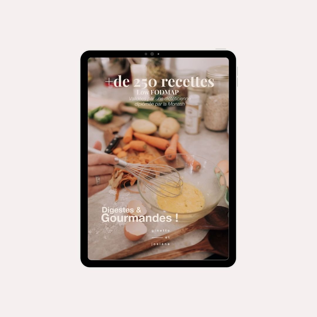 Livre de recettes low fodmap avec plus de 250 recettes digestes et gourmandes sur une tablette