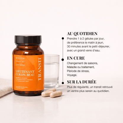Compléments alimentaires Probiotiques – Lieutenant Colon-Beau en gélules avec verre d&